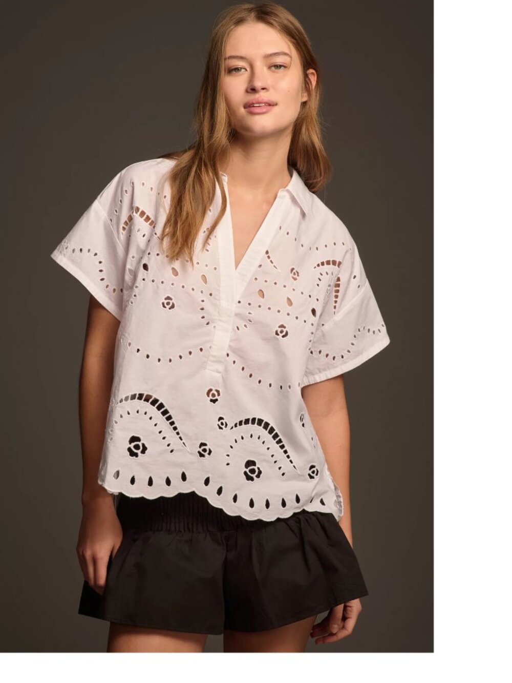 Anthropologie Maeve Short-Sleeve Boxy Eyelet Popover Blouse size L white new